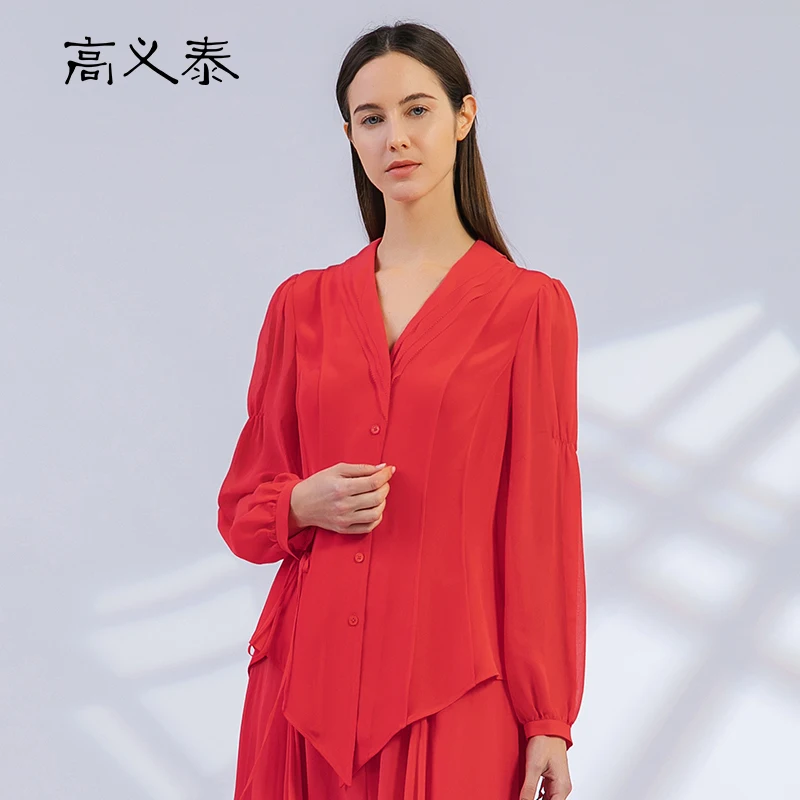 

High End 100% Mulberry Silk Spliced V-Neck Red Womens Tops Streetwear Lantern Long Sleeve Blouses Single Breasted Shirts BY180