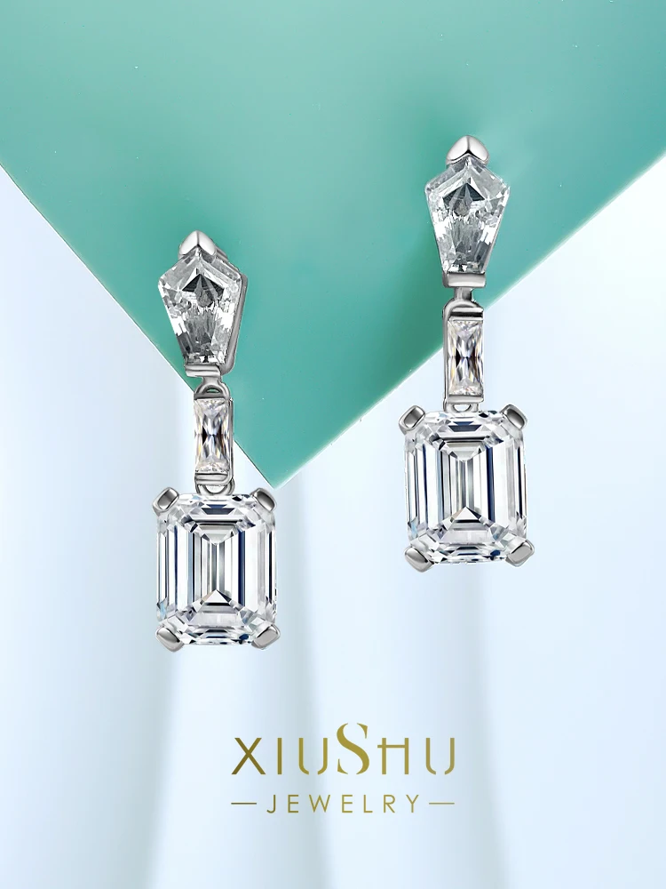 

European and American Versatile Silver Rectangular Emerald Cut Earrings Earrings Inlaid with High Carbon Diamond Earrings