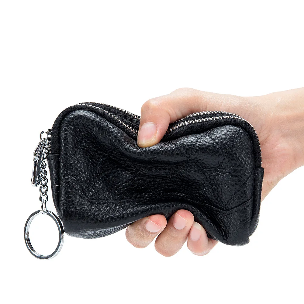 The First Layer of Leather Diamond Mini Wallet Key Chain Coin Bag Leather Double Zipper Coin Purse Storage Bag for Women