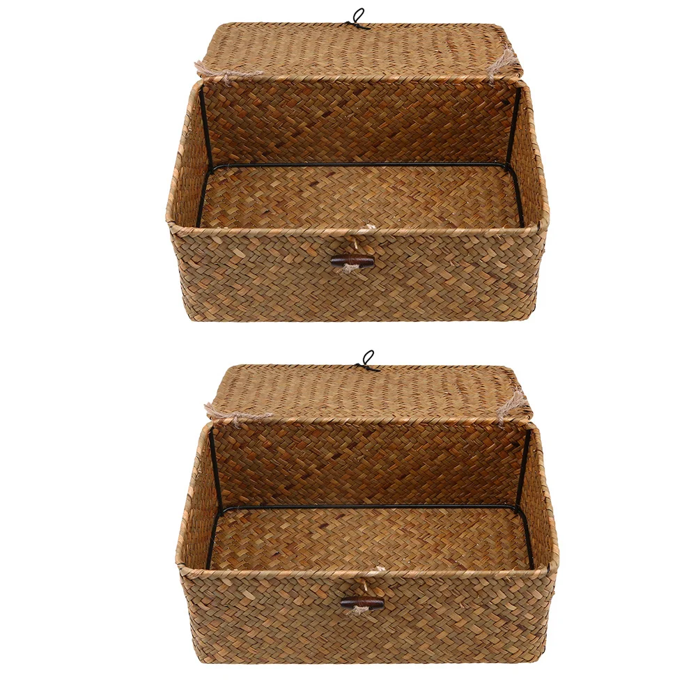 

Storage Basket Woven Baskets Bins Wicker Organizer Lid Seagrass Rattan Bin Shelf Box Straw Rectangular Wardrobe Seaweed Case