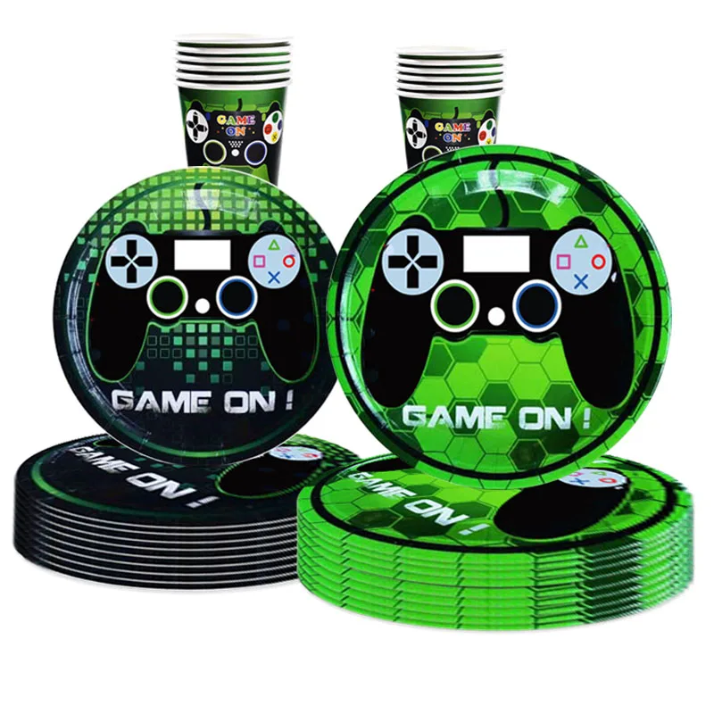 

Handle Game GAME ON Theme Birthday Disposable Tableware Green Game Cup Napkin Plates Game On Happy Birthday Party Decor