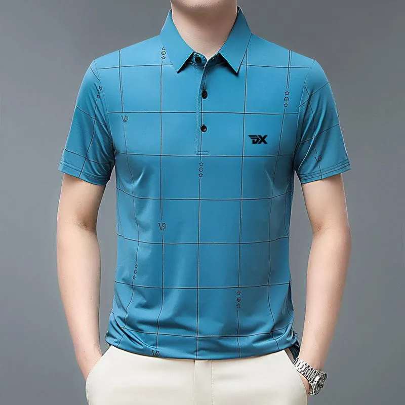 Golf men's summer ice polo shirt casual business short sleeved T-shirt plaid pattern sports men's clothing