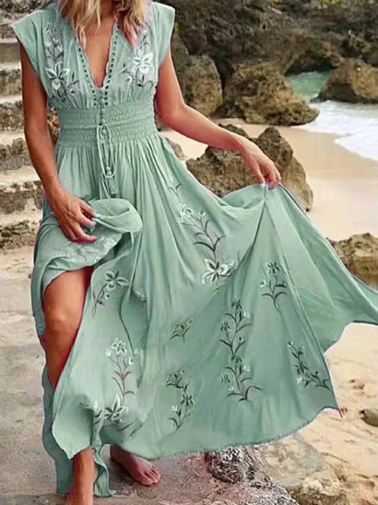

Summer Maxi Dress Women Elegant Vintage Sleeveless V Neck Floral Print Large Hem Long Polyester Dress for Party Dating Daily