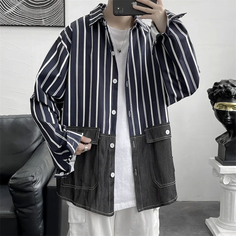 

Винтажные полосатые контрастные цветные мужские рубашки Hybskr, Свободная Повседневная Блузка с длинным рукавом, новая весенняя модная Корей...