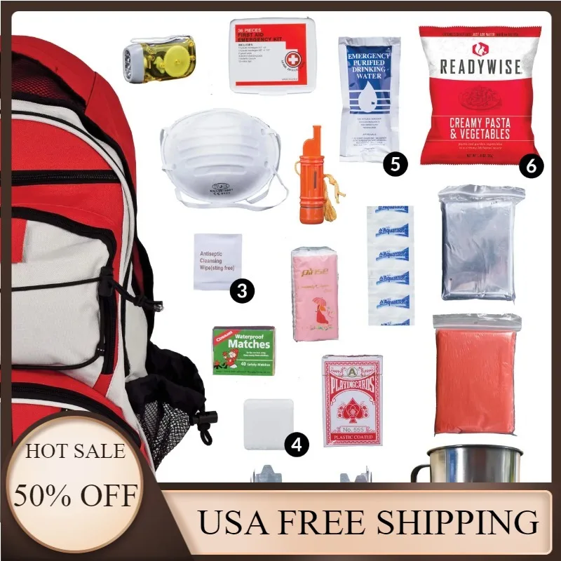 

ReadyWise 32 порции экстренного питания и напитков и набор для выживания рюкзак-красный, срок годности 25 лет