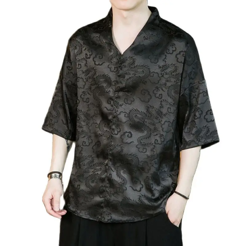 

Chinese Dragon Print Shirt Men Summer Half Sleeve V Neck Retro Tang Suit Male Tradition Chinese Style Kungfu Hanfu Camisa Hombre