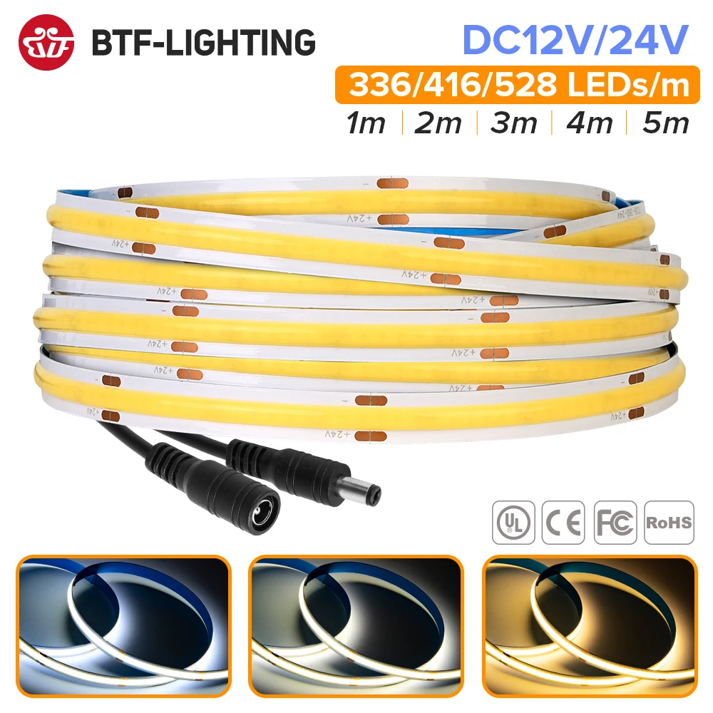 FCOB LED Strip Light 336 416 528 LED High Density Flexible FOB COB Led Light RA90 Warm Nature Cool White Linear Dimmable 12V 24V