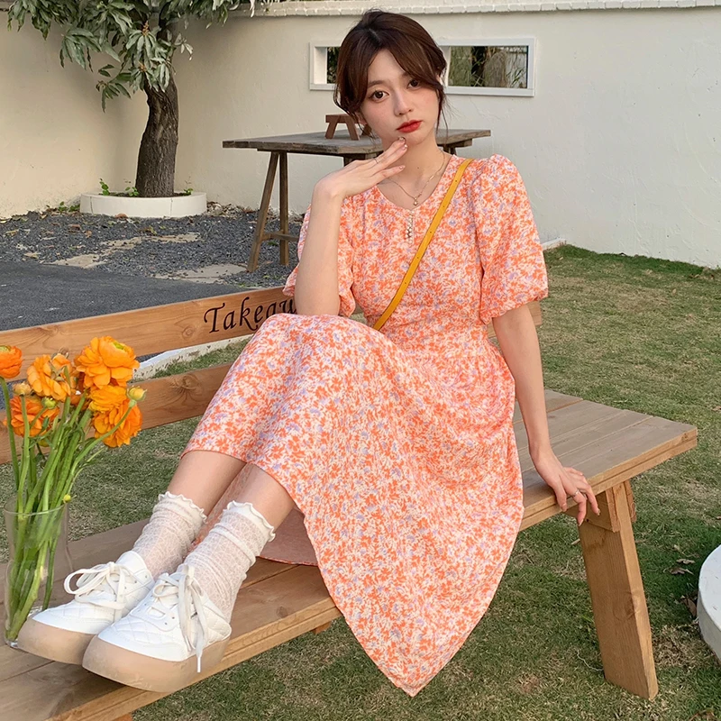 

Fashion Elegant Dress for Women Floral Printing O-Neck Sweet Long Party Dress Summer korean young girl puff Sleeve bohemia Dress