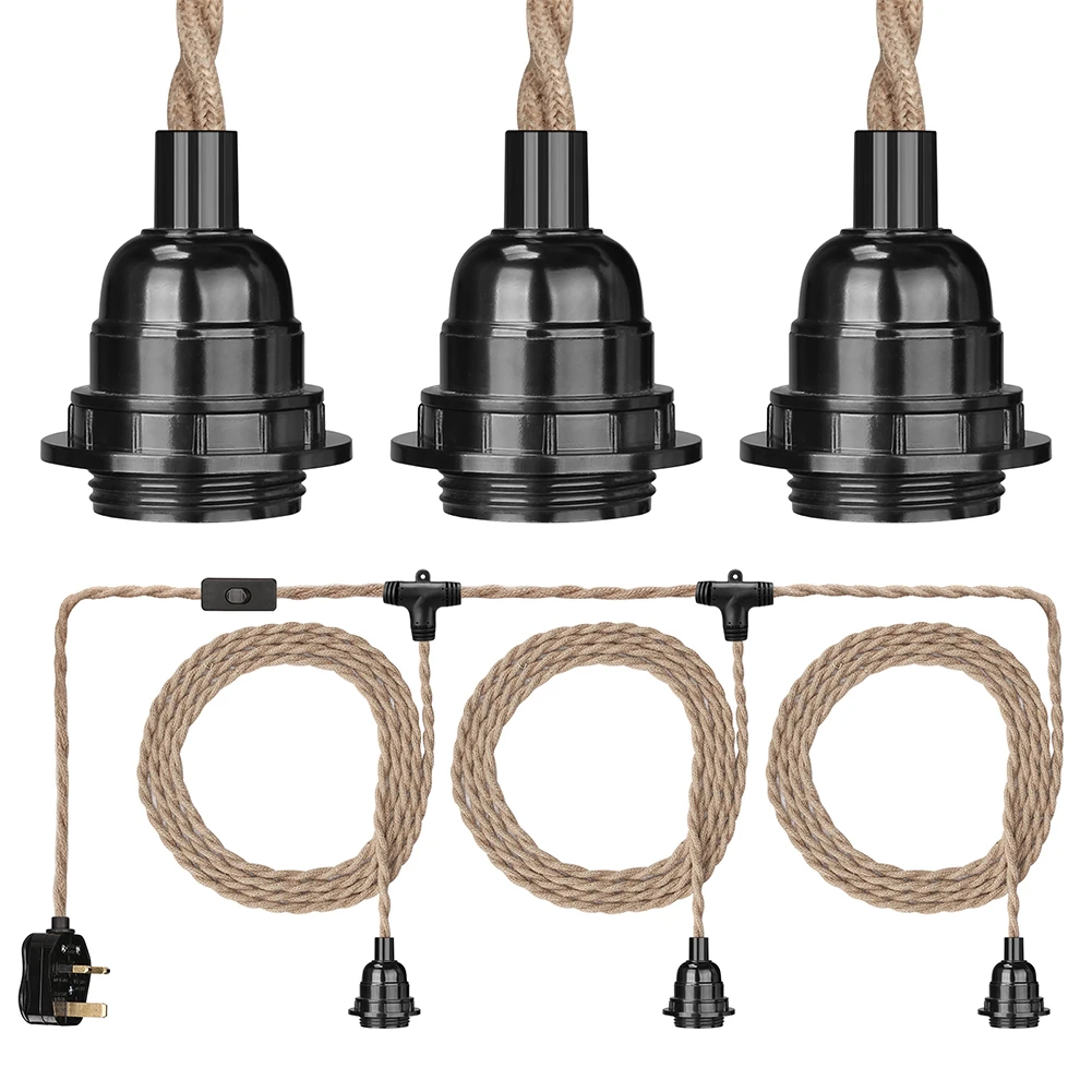 

Pendant Lights Ceiling Lighting Fitting Lamp Holder Suspended Kit with Plug in Cord Hemp Rope Hanging Lamps with On/Off Switch