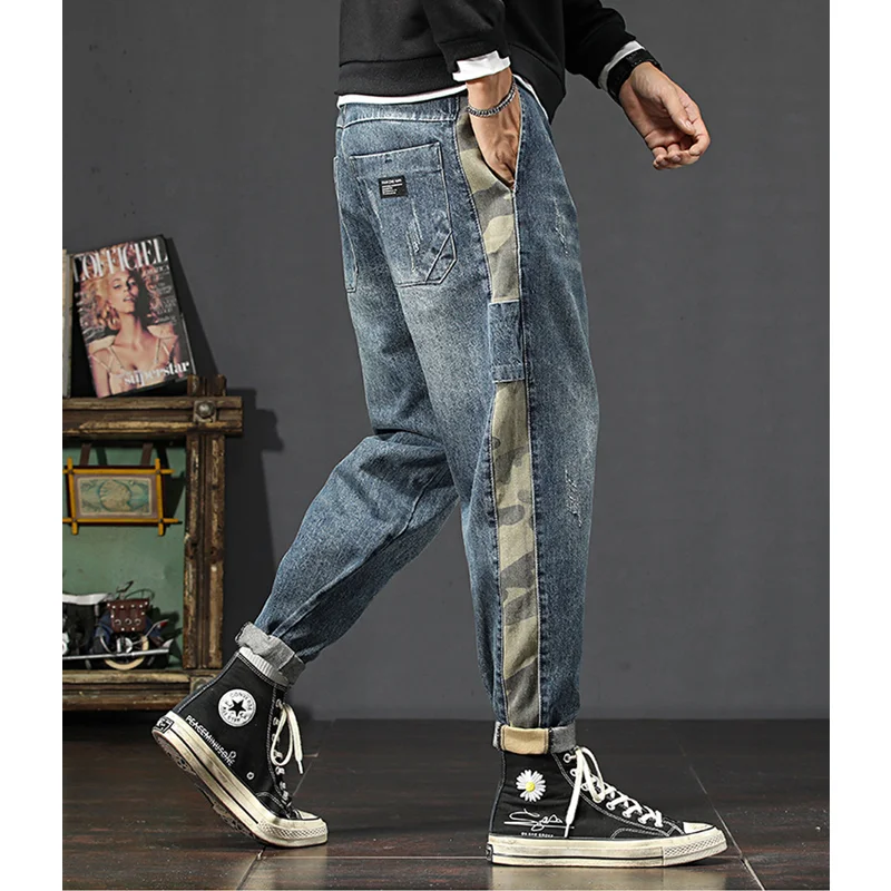 Streetwear Men 2022 Fashion New Pattern Vintage Splicing Recreational Blue Jeans Loose Straight Cylinder Trousers Autumn Female