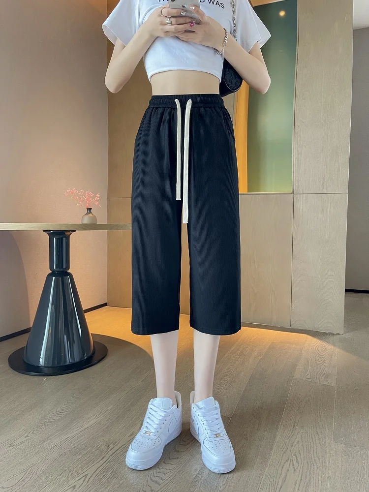 Women Capris Traf Straight Loose Wide Leg Short Pants High Waisted Casual Sweatpants Solid Trousers Y2K Summer Korean Fashion