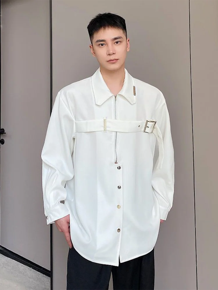 

SYUHGFA Chic Blue Bandage Design Lapel Men's Shirt Korean Trendy Zipper Long Sleeve Tops 2022 New Niche Design Loose Cloth