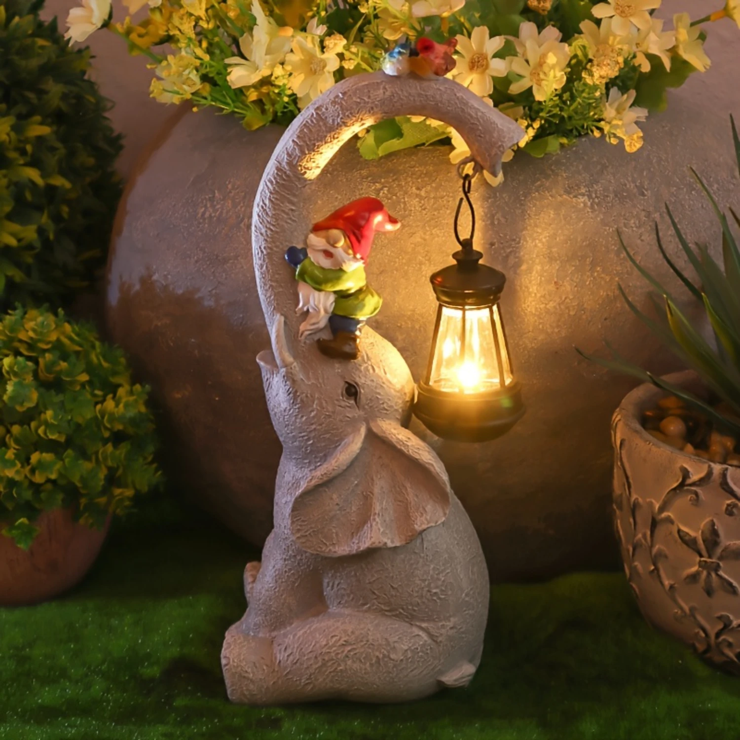 Лампа для садовых статуй слона на солнечной батарее-прочная смола с