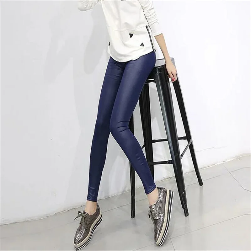 Леггинсы женские из искусственной кожи пикантные эластичные тонкие черные штаны