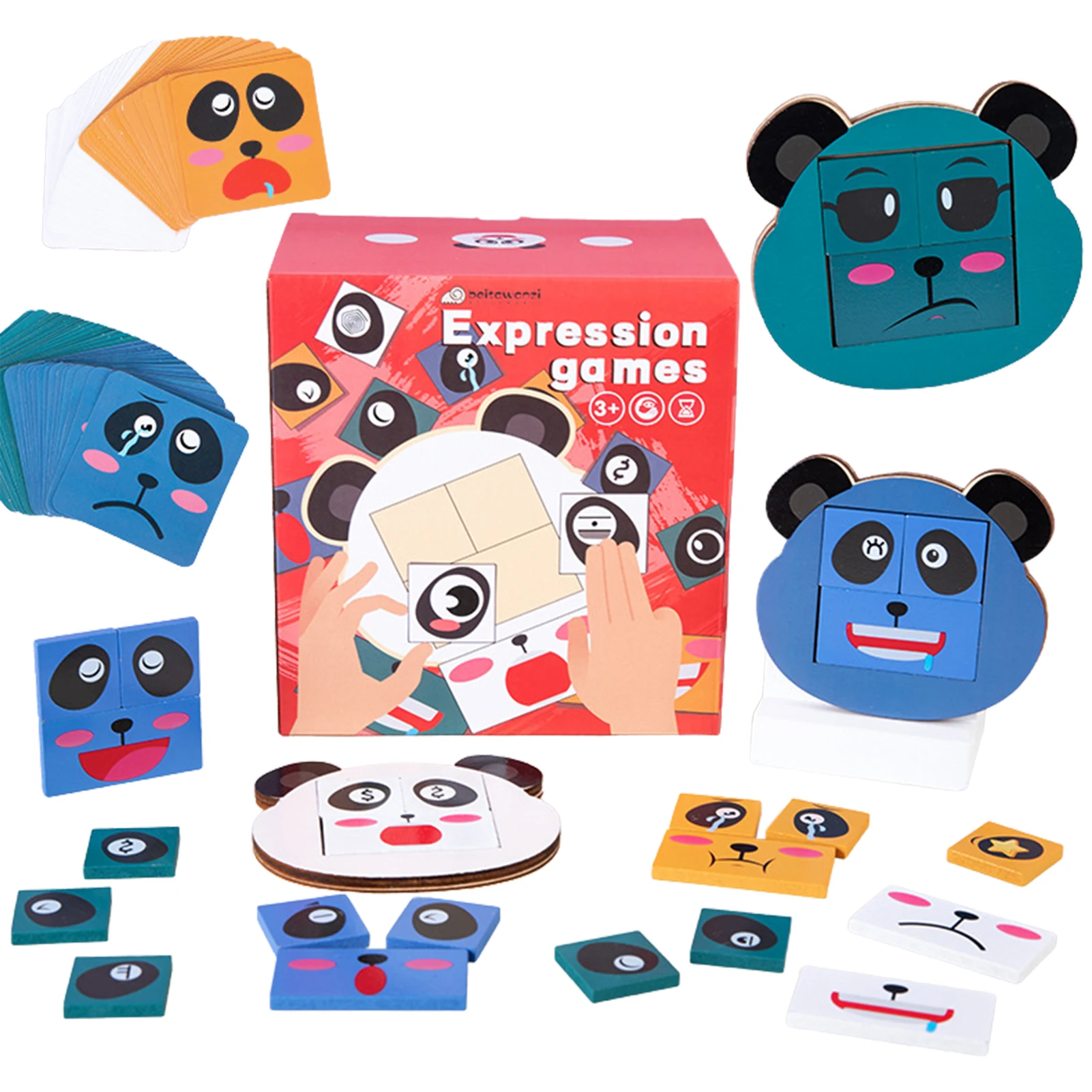 

Wooden Expressions Matching Blocks Cute Panda Face-Changing Building Blocks Interactive Parent-Child Board Games Educational