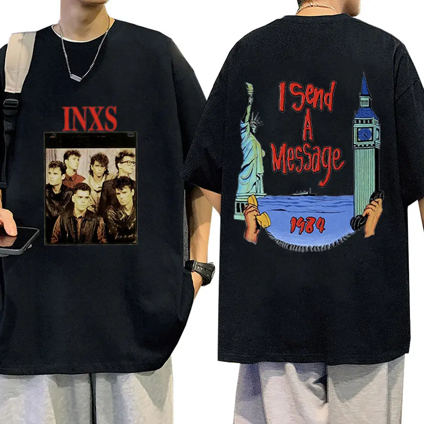 

Мужская футболка в стиле панк, хлопковая Футболка оверсайз с графическим принтом рок-группы INXS, в стиле ретро, в стиле хип-хоп, уличная одежда в готическом стиле, 1984