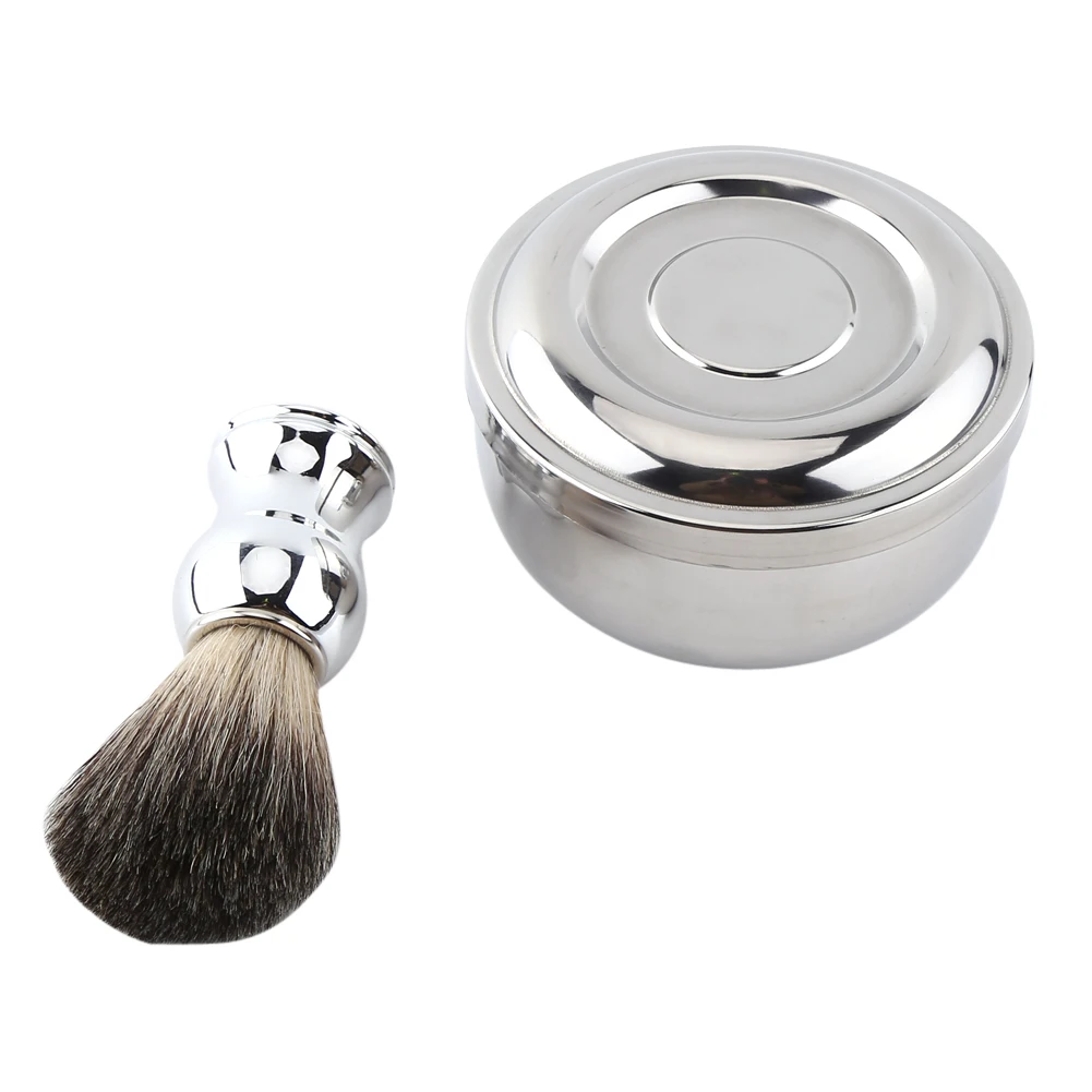 

Alloy Shaving Soap Mug Bowl With Lid + Silver Handle Faux Badger Hair Brush Men Shave Tool Kit