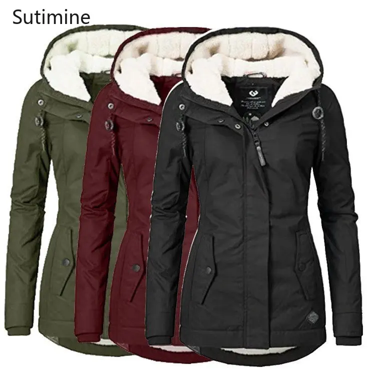 Winter Clothes Women Button Hooded Plush Thickened Cotton Padded Clothes Pockets Zippers Slim  Winter Coat Women