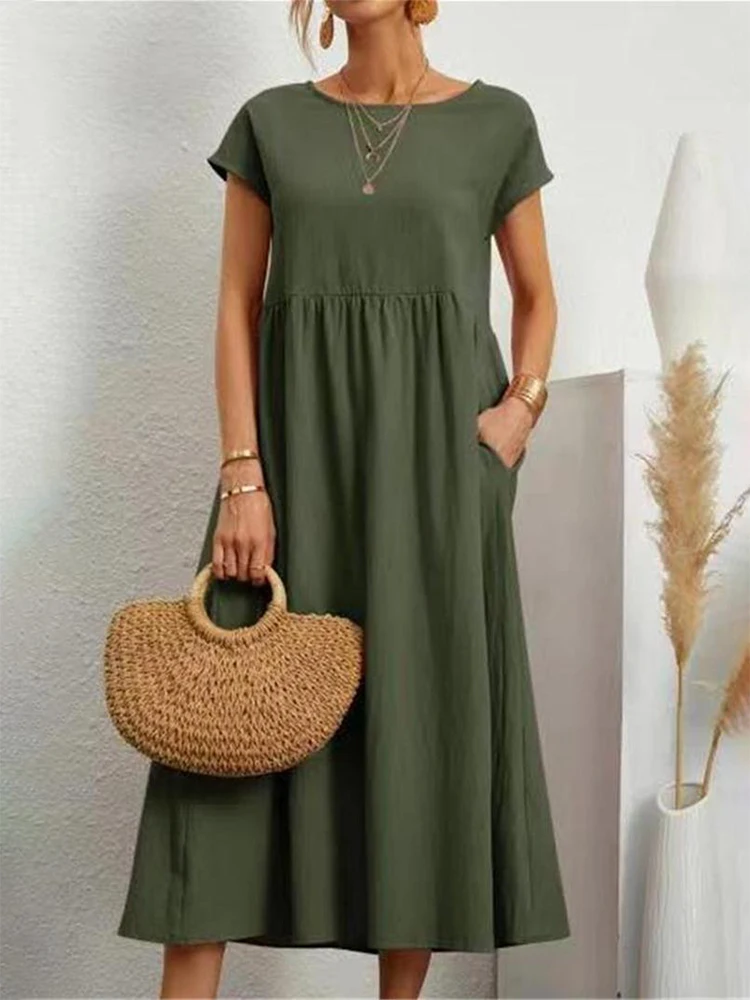 

2023 Solid sleeveless Vintage Solid Midi Dress Casual Short Sleeve Cotton and Linen Harajuku Oversized Long Dress Women Summer