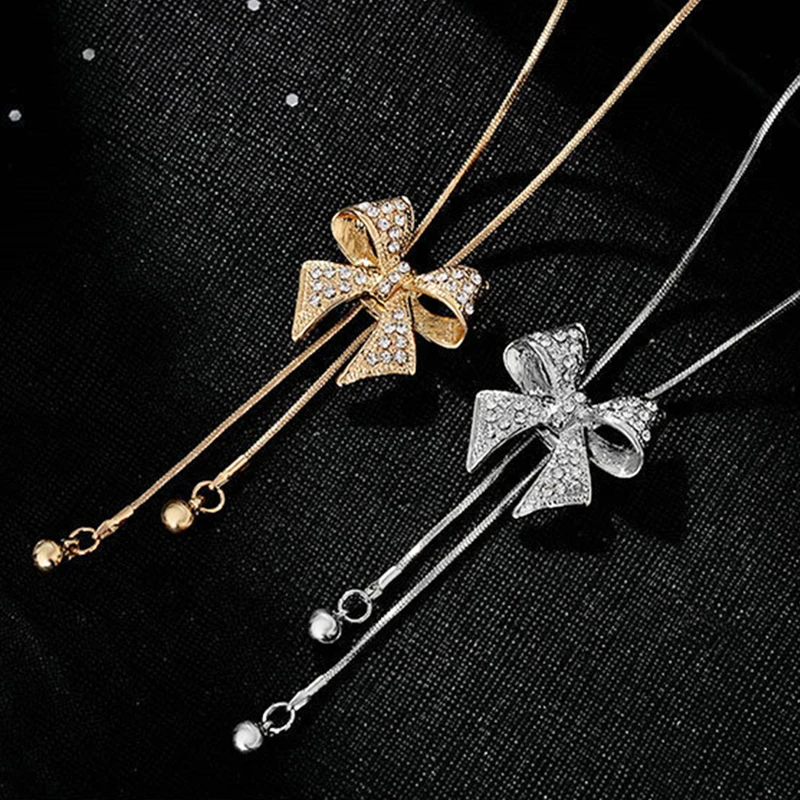 

KIOOZOL Fashion Bowknot Pendant Long Necklace for Women Gift for girlfriend Gold Silver Color Jewelry 2022 accessories 070 KO2