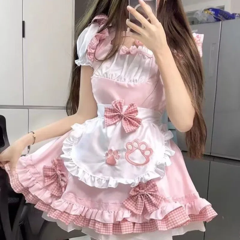 

Hikigawa Kawaii Girls Women Dress Bow Patchwork Cosplay Short Sleeve Mini Apron Dresses Chic Fashion Ruffled Vestido De Mujer