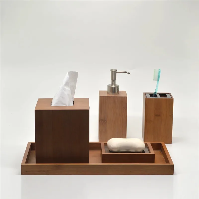 

Simplicity Bamboo Toothbrush Holder Gargle Cup Soap Box Toilet Brush Hotel Bathroom Accessories Set Shower Storage with Tray