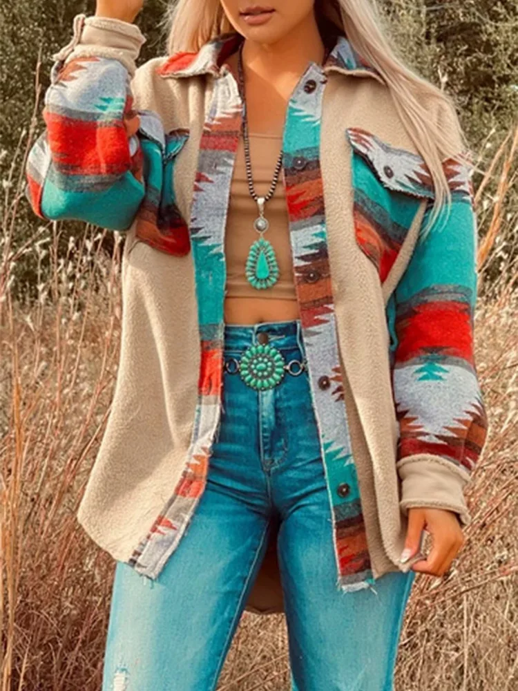 

Fashion Aztec Geometric Splicing Jacket Button Down Long Sleeve Top Lapel Shirt Pocket Shacket Western Coat Vintage Outwear 2022