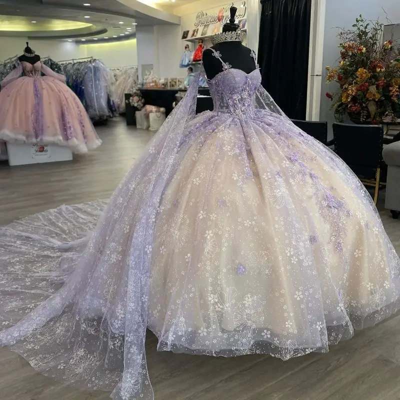 Lorencia Сиреневое блестящее платье принцессы Quinceanera с накидкой и аппликацией из