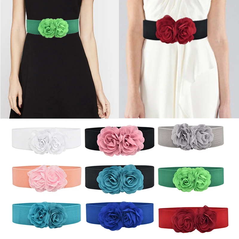 

New Flower Decor Womens Stretchy Belt For Dresses Sundress Solid Color High Elastic Wide Waist Belts Fashion Wide Skinny Belt