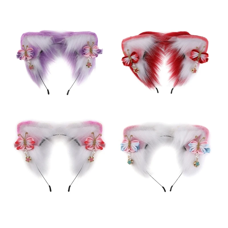 Ful Kitten Ear Cosplay Hair Hoop With Butterfly Decors Woman Teens Headband For Live Broadcast Carnivals Drop Shipping