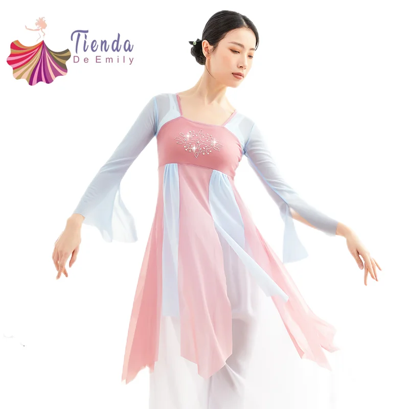 

Chinese Clothes for Women Gauze Mesh Shirt Classical Dance Flowy Body Rhyme Top Contrast Color Long Dress Yangko Folk Ruqun