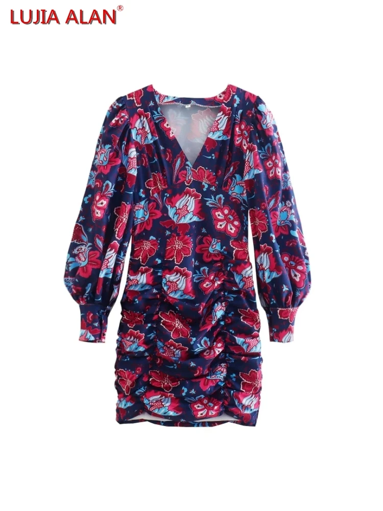 

Floral Print V-Neck Pleated Slim Women Dress Autumn Female Lantern Sleeve Casual Streetwear Vestidos LUJIA ALAN WD607