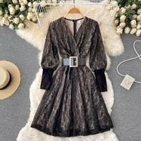 womens long sleeve lace dress spring autumn elegant v neck long dress with belt lady vintage party vestidos