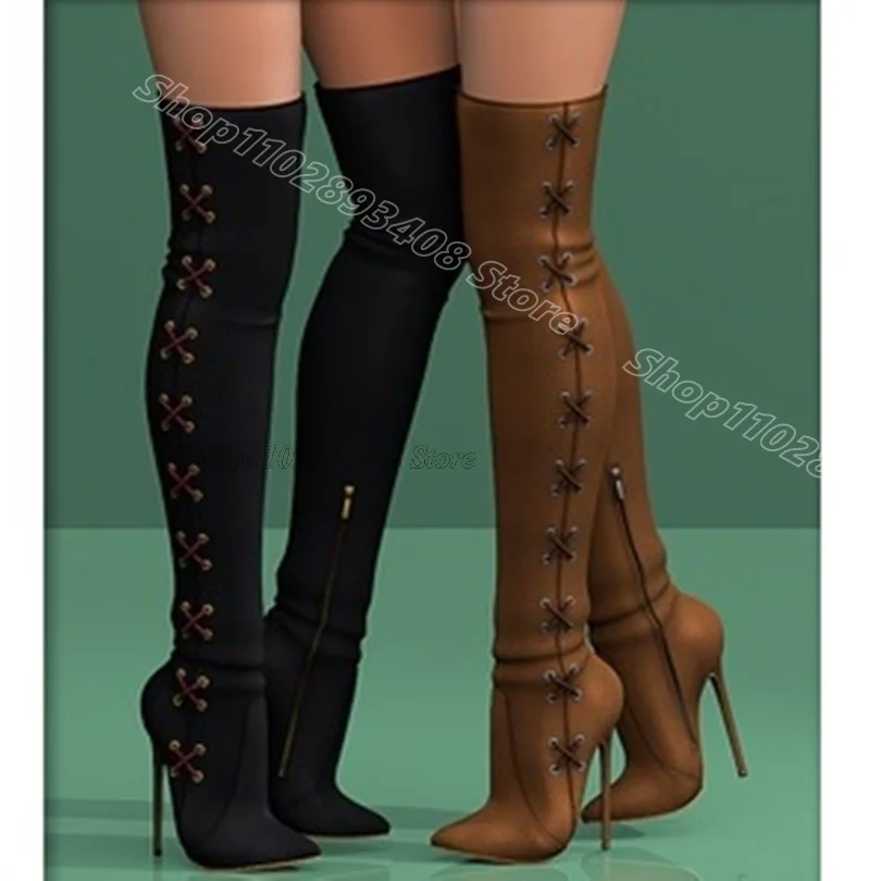 Сексуальные ботинки с черным перекрестным ремешком боковая молния острым носком