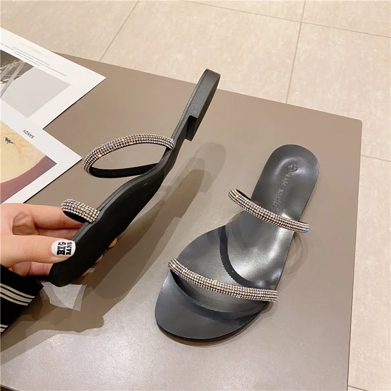 2022 summer new style sandals rhinestone flat shoes one word belt outside wear all-match flat women beach sandals women