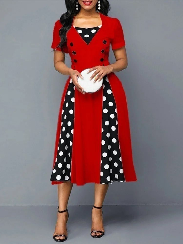 

2022 Vintage Summer Dress for Women Dot Print Short Sleeve Slim Hiag Waist Office A-Line Dresses Party Sundress Casual Midi Robe