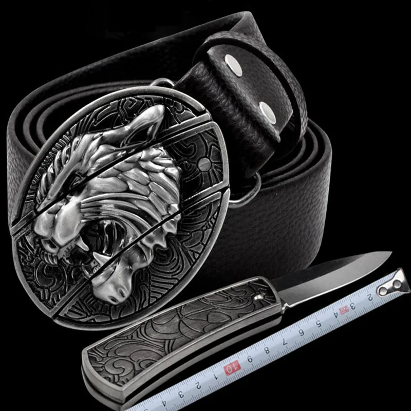 

Мужской кожаный ремень в стиле панк, гладкая металлическая пряжка, скрытый нож для самообороны