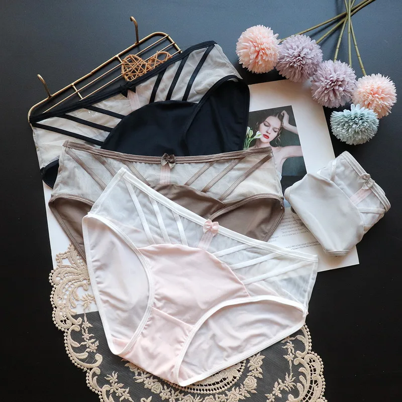 

Sexy Girl Ribbon Mesh Perspective Pink Underwear Bow Knot Women's Low Waist Breathable Women's Briefs Women Panties Underwear
