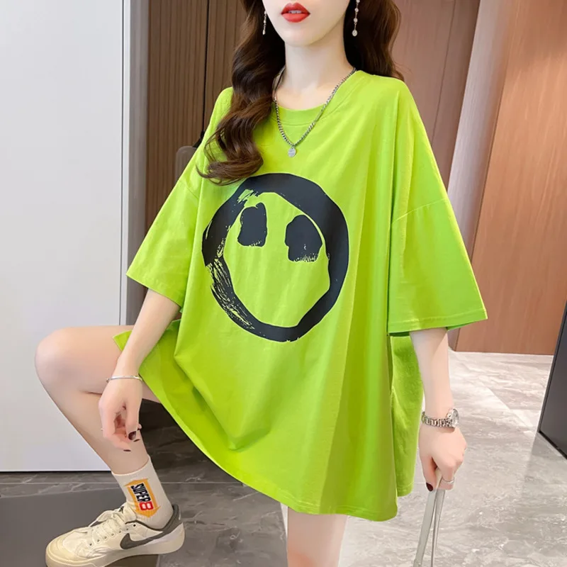 

#4326 White Green Short Sleeve T Shirt Women Loose Harajuku Streetwear Tshirt Girl O-neck Cotton Women's T Shirt Fashion Summer