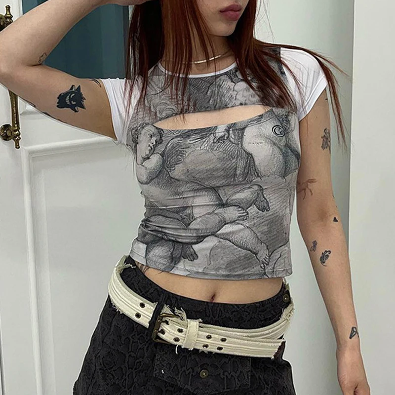

Goth Dark Fairycore Graphic Hollow Out Gothic T-shirts Grunge Y2k Sexy Short Sleeve Crop Tops Vintage Female Slim Fashion Outfit