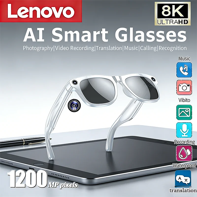 Фото Умные очки Lenovo 2026 с ИИ, 8K HD-камерой 1200 МП, спортивные солнцезащитные очки, голосовой помощник Chat GPT, Bluetooth-звонки, музыкальный плеер №1