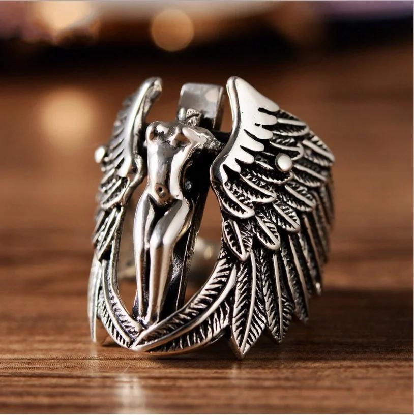 

Mens Jewellery Vintage Thai Silver Guardian Angel Personality Cross Exaggerated Wings Rings for Men Domineering Ring Jewelry