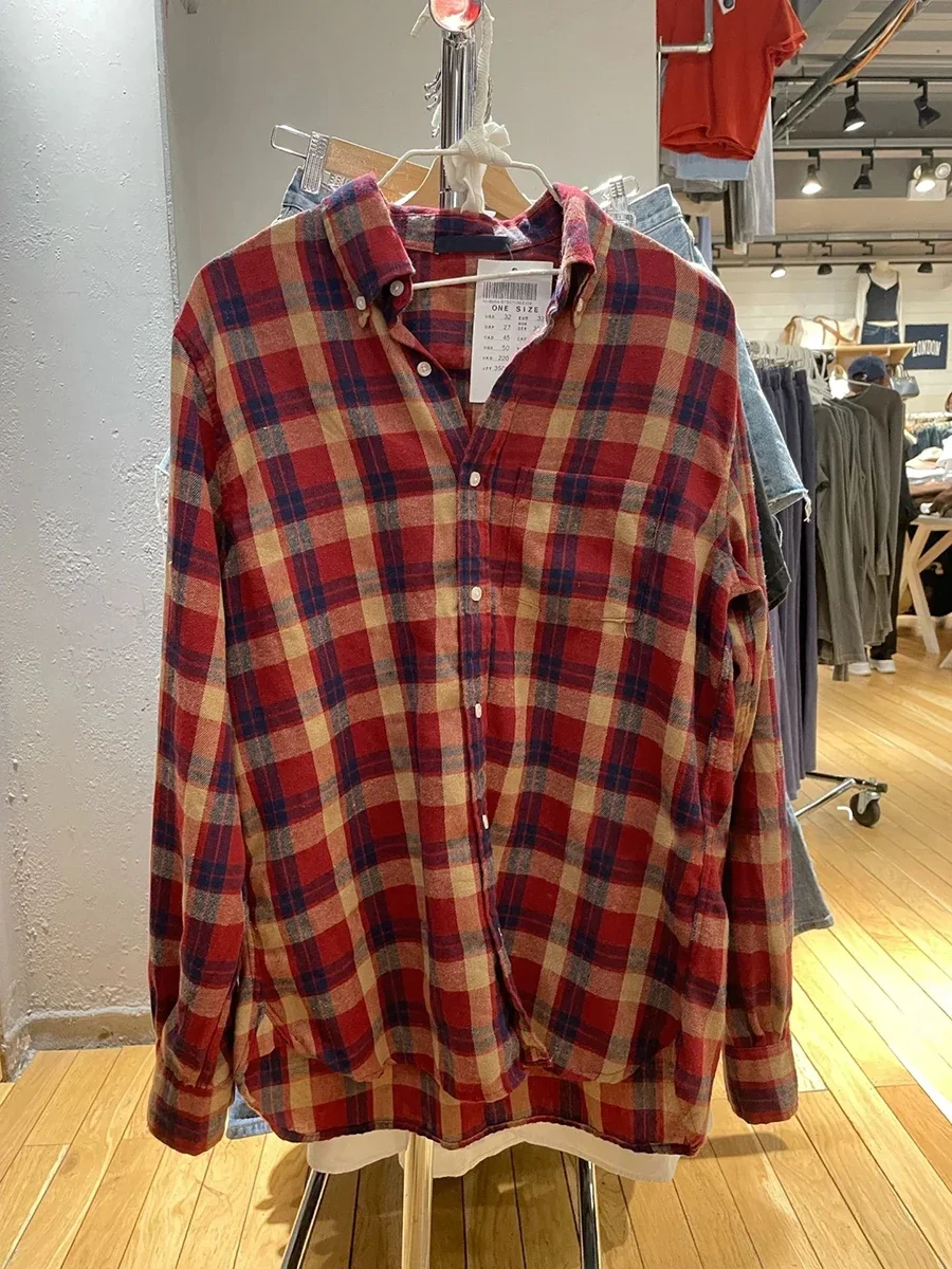 Шикарная красная клетчатая хлопковая рубашка с карманами осенняя однобортная