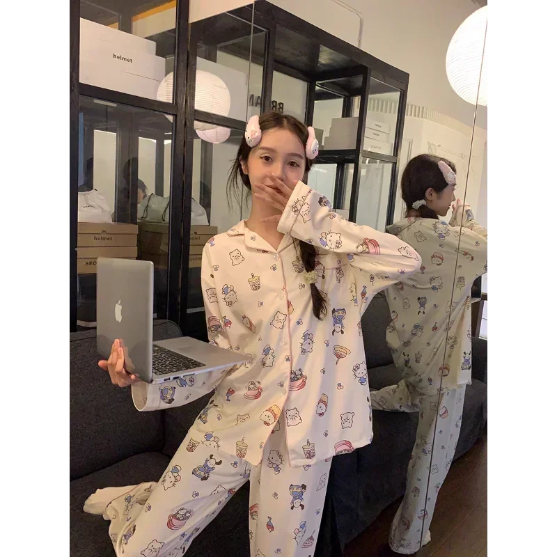 Sanrio Hello Kitty шелковые пижамы женские осенние брюки из чистого хлопка с длинными