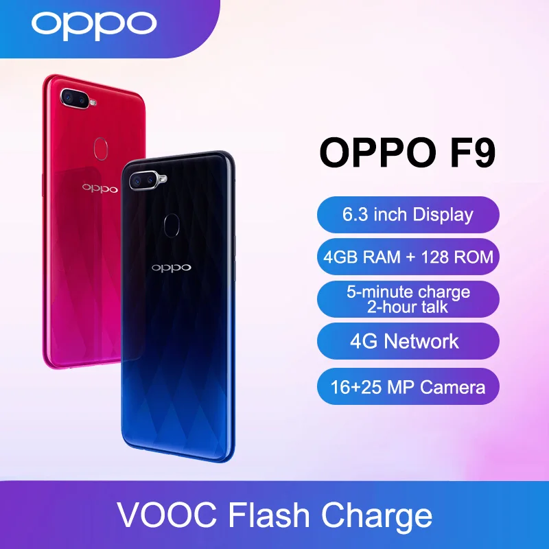 Original OPPO F9 Mobile phones Android 6.3 inch RAM 4GB ROM 128GB Cell Phone Unlocked 16+25MP 4G Network Smartphone Global
