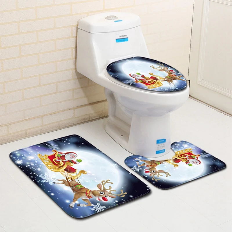 

3 Pcs Bathroom Rug Mats Set Toilet Lid Cover Santa Claus Pattern Pedestal Mat Non Slip Bath Mat Toilet Rug Set For Home