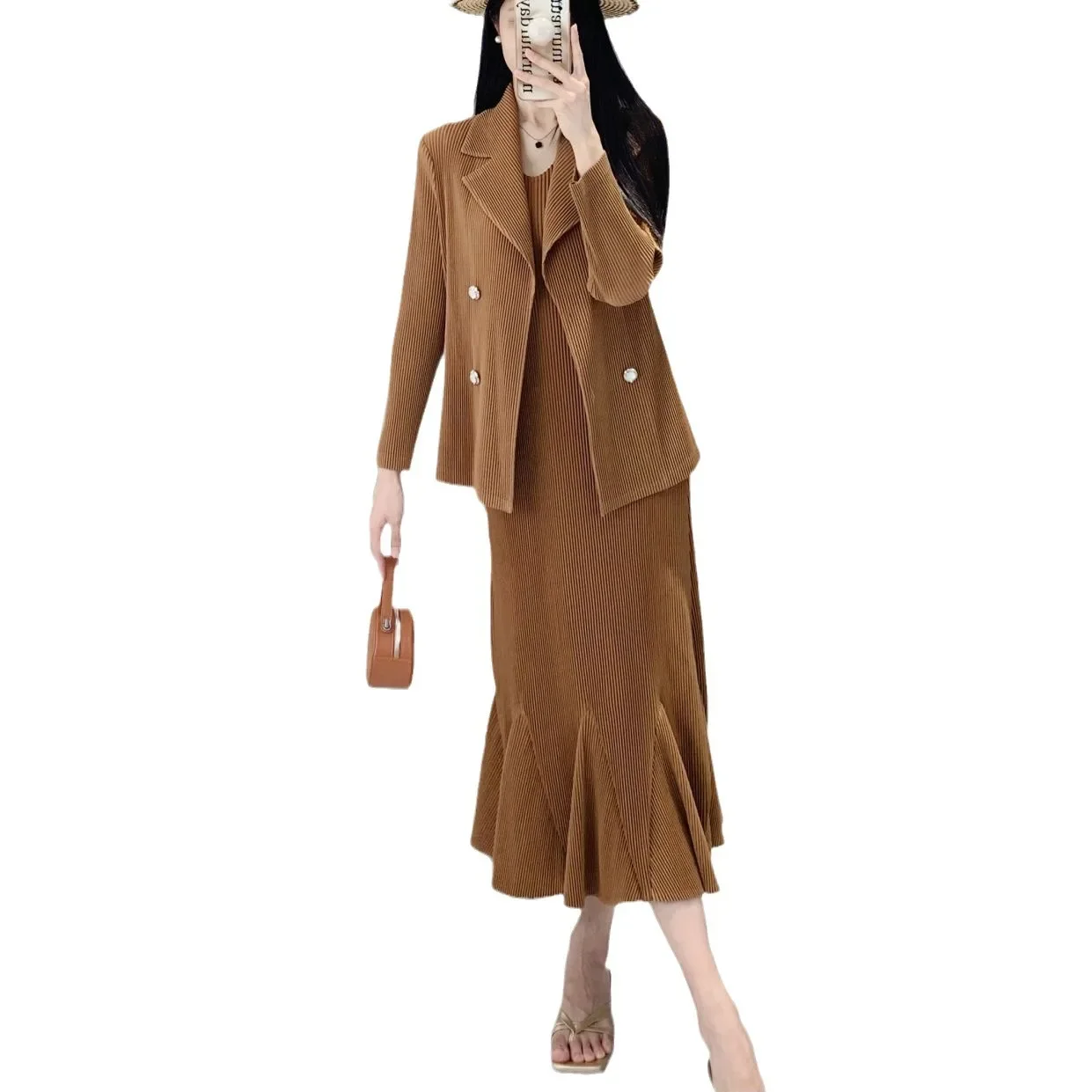 Плиссированный женский осенний Новый Модный Блейзер и юбка рыбий хвост комплект