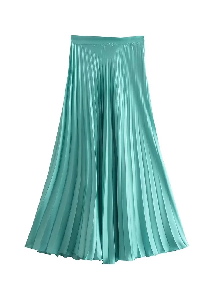 

Женская атласная плиссированная юбка, модная однотонная свободная элегантная уличная юбка-трапеция до середины икры, лето 2022