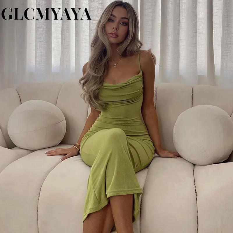 

GLCMYAYA Women Hollow Out Lace-up Solid Swinging Collar Sleeveless Spaghetti Strap Bodycon Dress 2023 Sexy Party Long Dresses