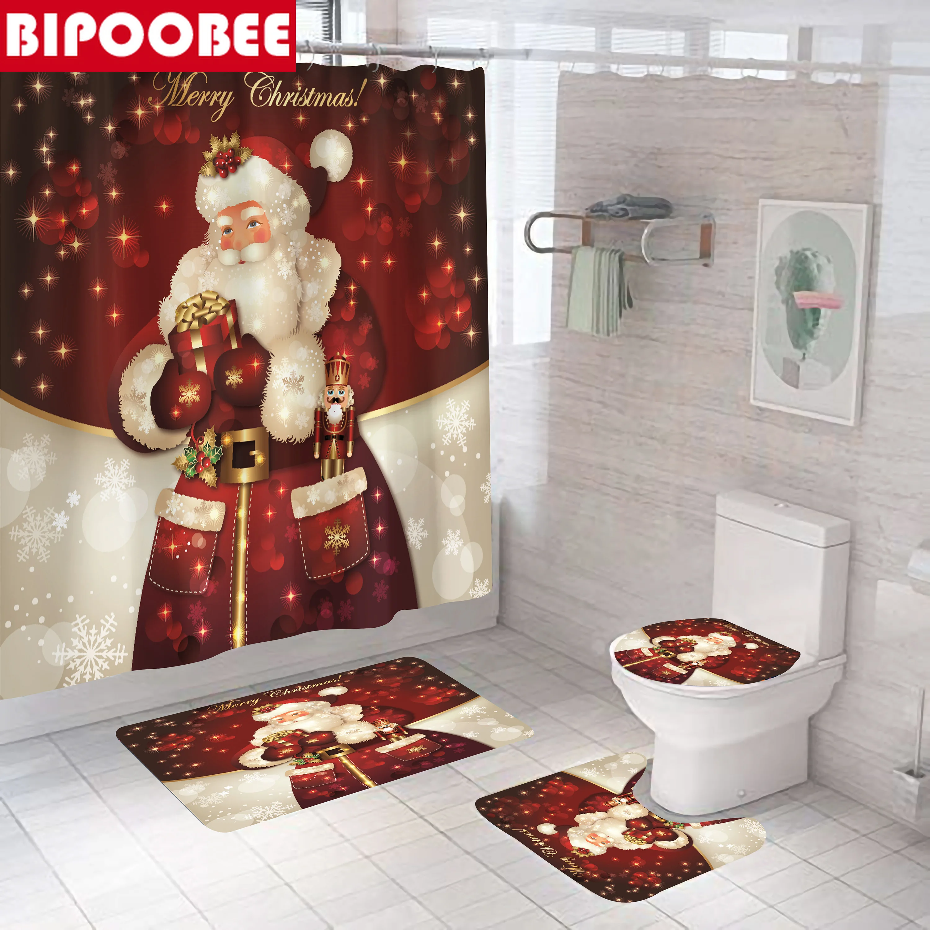 

Santa Pattern Waterproof Bathroom Curtains Merry Christmas Shower Curtain Anti-slip Rugs Bath Mat Set Toilet Seat Cover Carpet